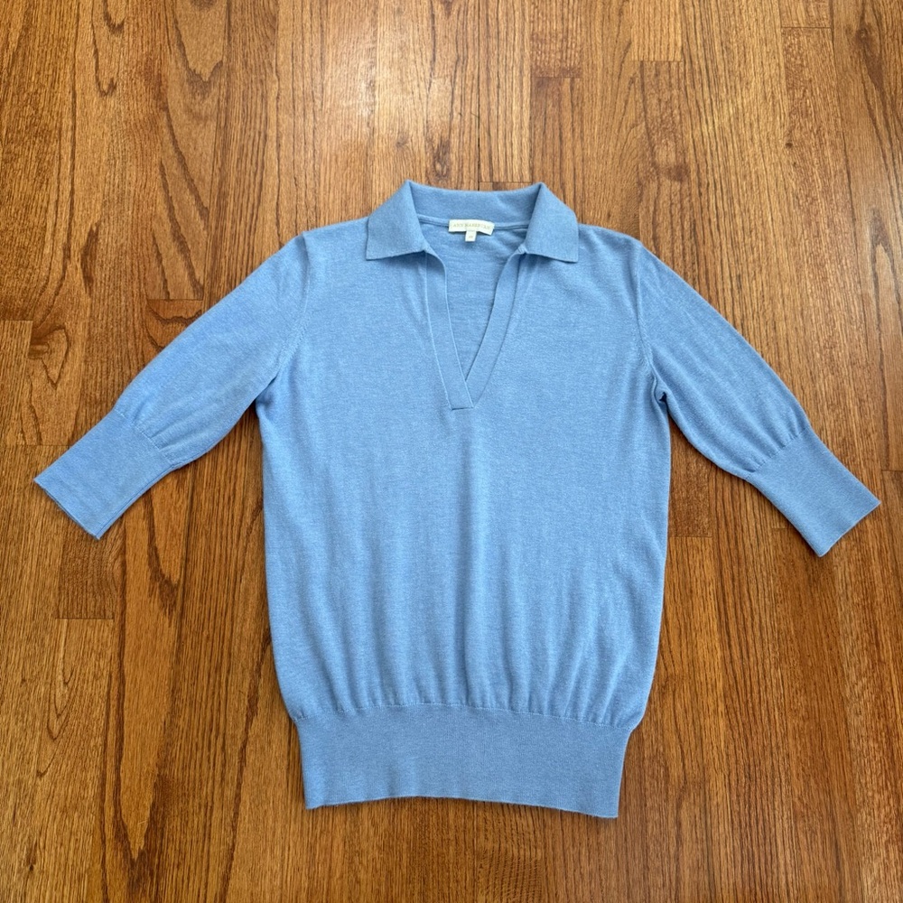 Ann Mashburn light blue cotton silk V neck ribbed hem sweater size XS